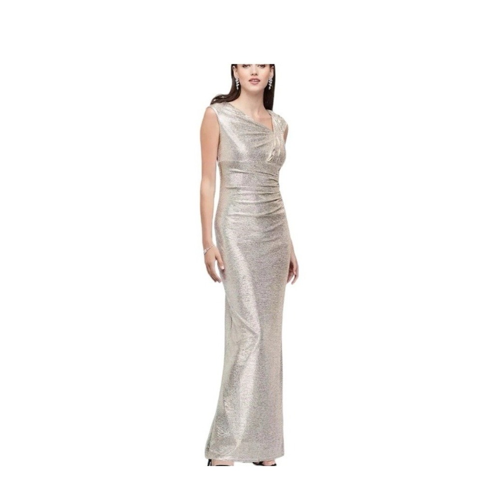 Marina Liquid Silver Full Length Gown Asymmetrical Neckline‎ Size 6